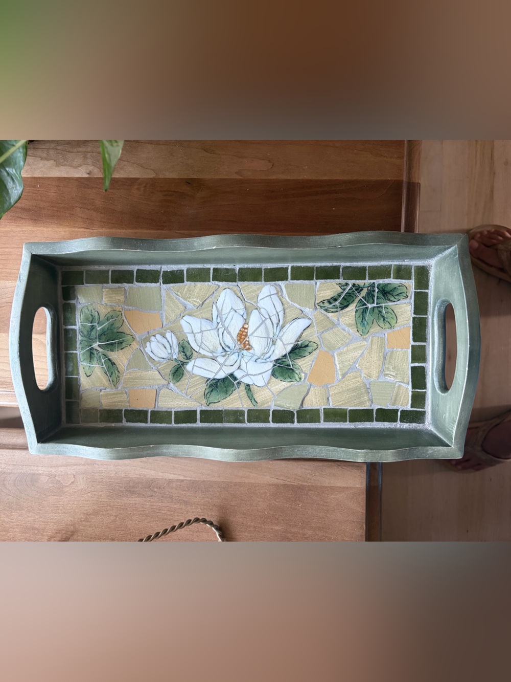 Green Floral Mosaic Vanity Tray with White Magnolia Design